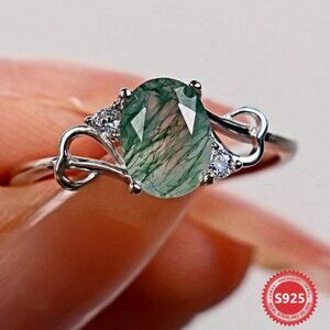 Moss Agate Oval Cut 925 Silver Ring with Zircons